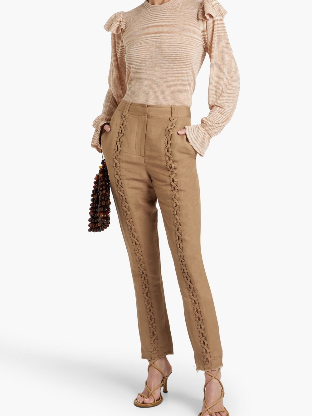 Aje Women’s Tan Braided-Trim High-Rise Pants